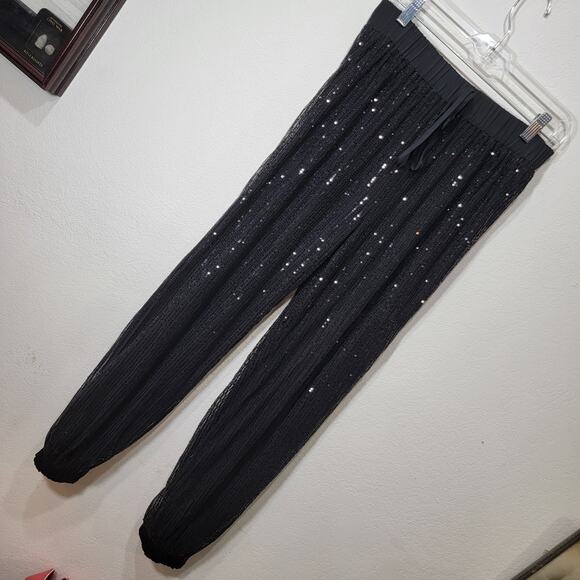 GiGio Black Sequin Joggers M Pants Sparkle Discocore Glam Lined Medium - Picture 2 of 13
